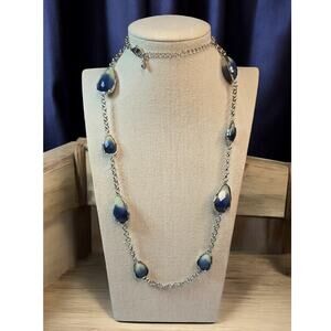 Denim Blue Marbled Glass Long Necklace Silver Station Necklace – Coastal Minimal